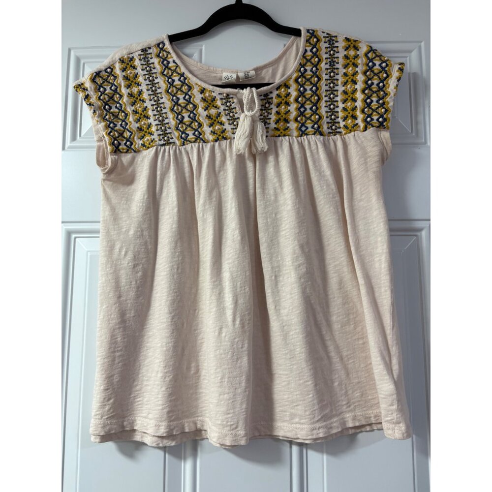 ARTISAN NY WOMEN'S TOP BLOUSE SHIRT WOODEN PEARL EMBROIDERY SIZE M LEGENLOOK